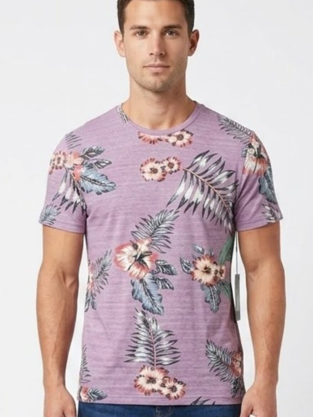 Straight Faded Hawaiian Men's T-Shirt Purple Heather Tropical Hibiscus Small